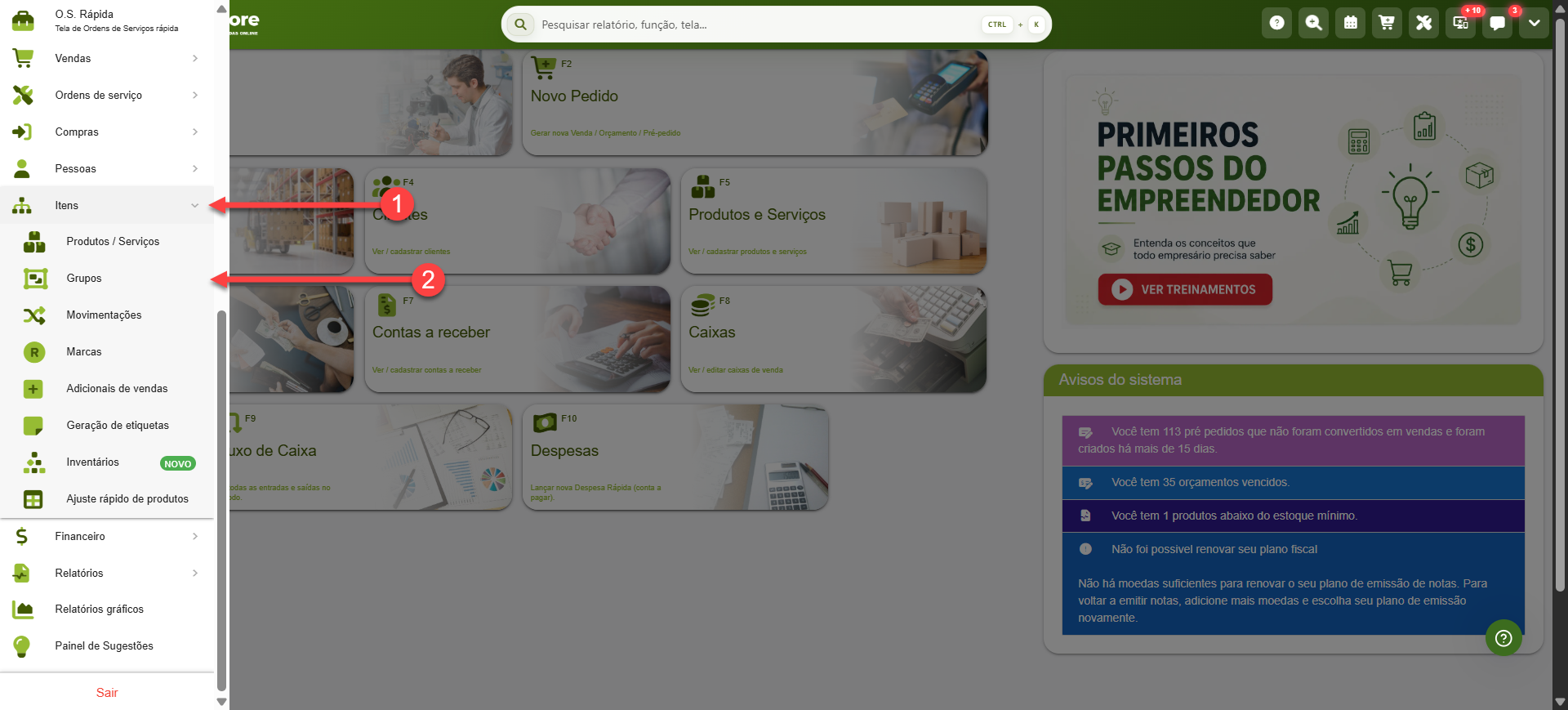 Tela inicial do sistema SMB Store destacando como acessar o cadastro de grupos pelo menu lateral em Itens > Grupos.