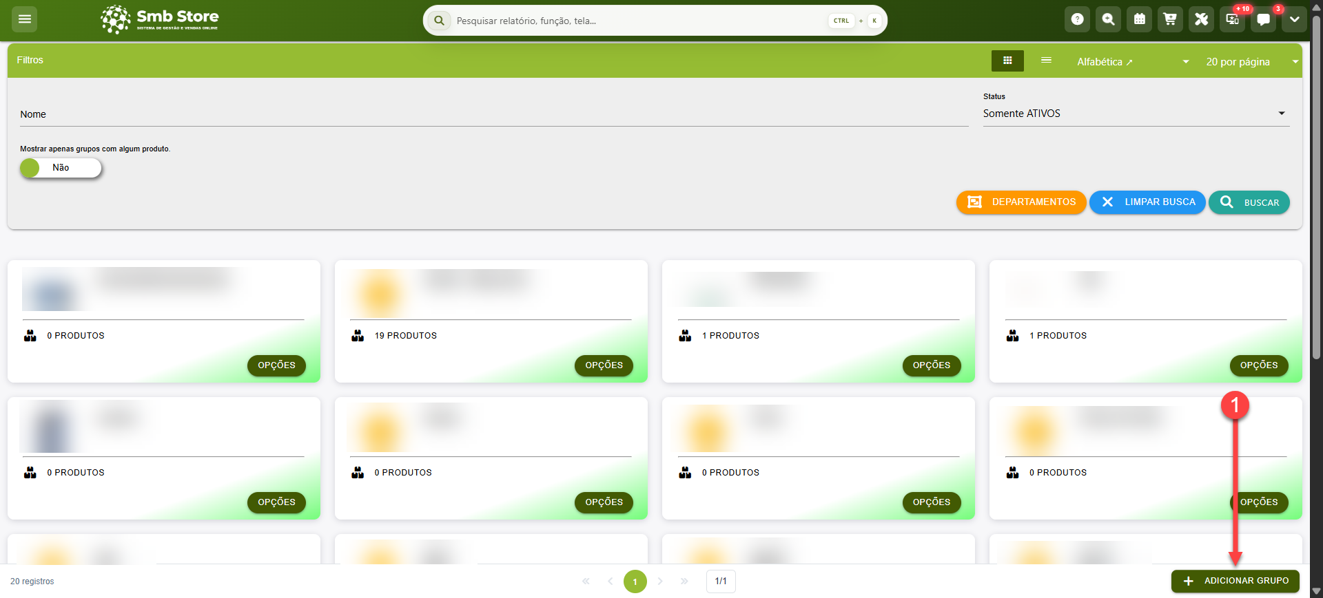 Tela do sistema SMB Store destacando o botão para efetuar o cadastro de novos grupos dentro da tela grupos, em Itens > Grupos.