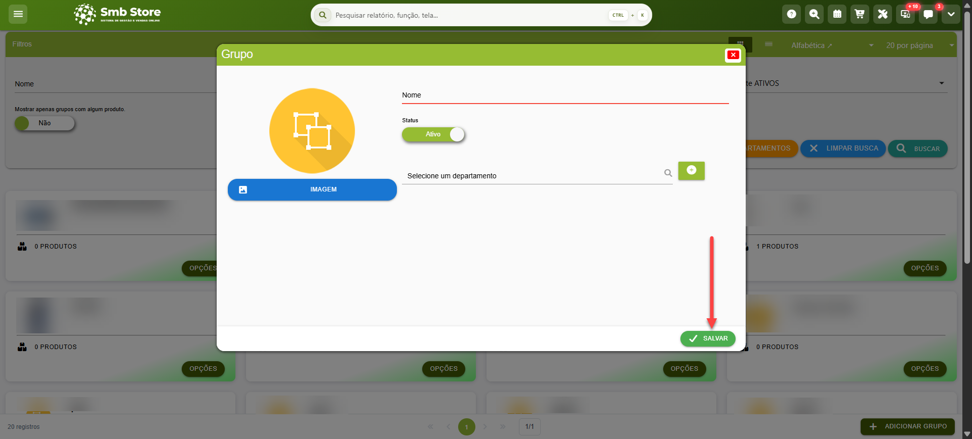 Tela do sistema SMB Store Online destacando como salvar o cadastro de Grupos em Itens > Grupos.