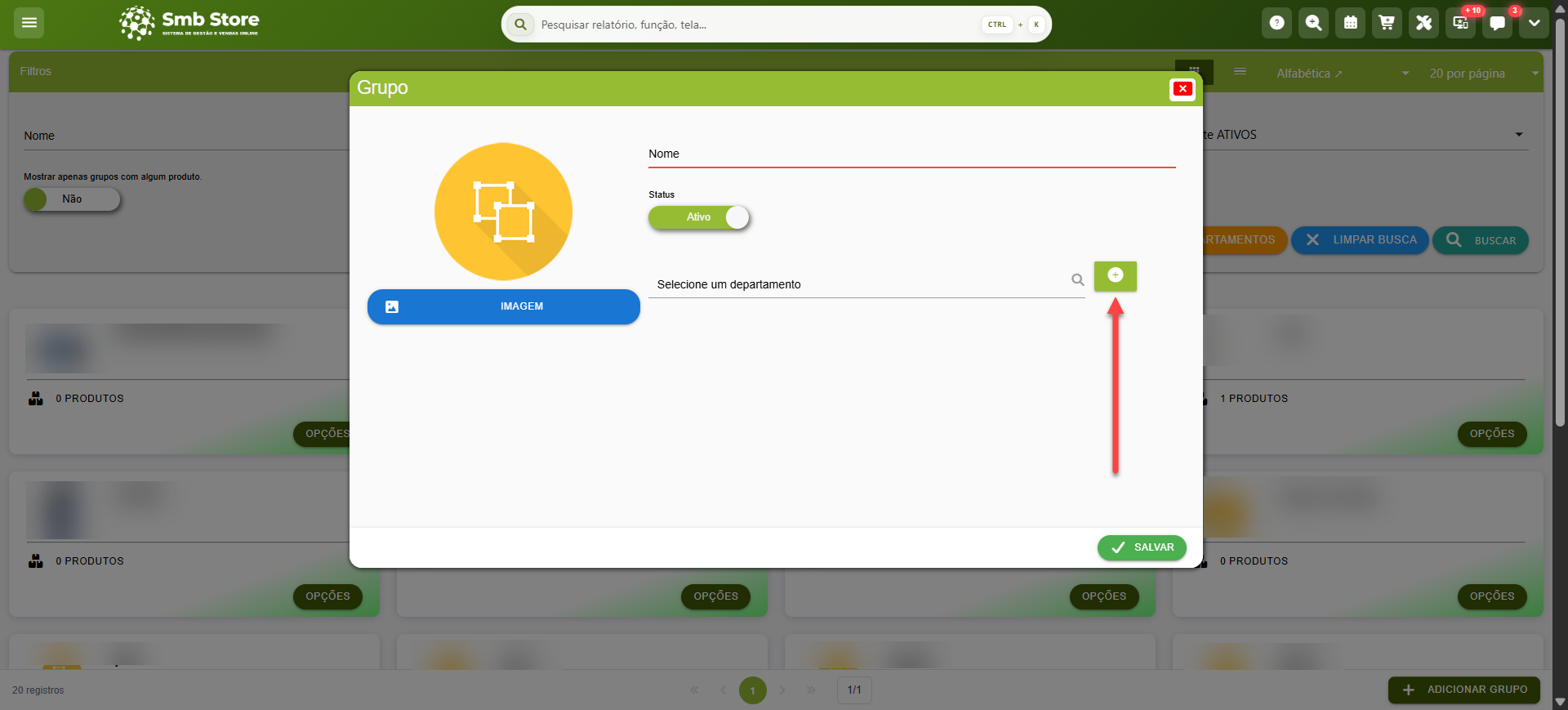 Tela do sistema SMB Store Online destacando como cadastrar Departamentos para Grupos em Itens > Grupos.