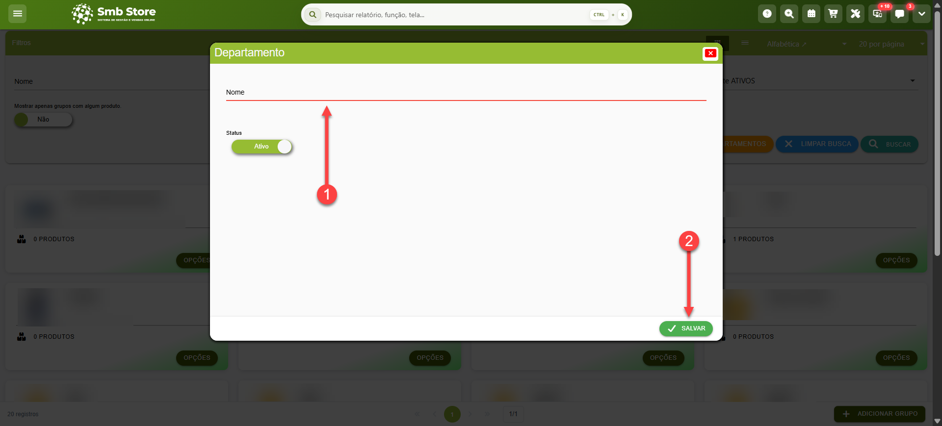 Tela do sistema SMB Store Online destacando como salvar o cadastro de Departamentos para Grupos em Itens > Grupos.