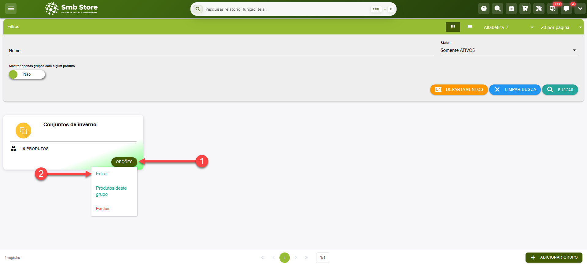 Tela do sistema SMB Store Online destacando como acessar a tela de edição do cadastro de um Grupo, em Itens > Grupos.
