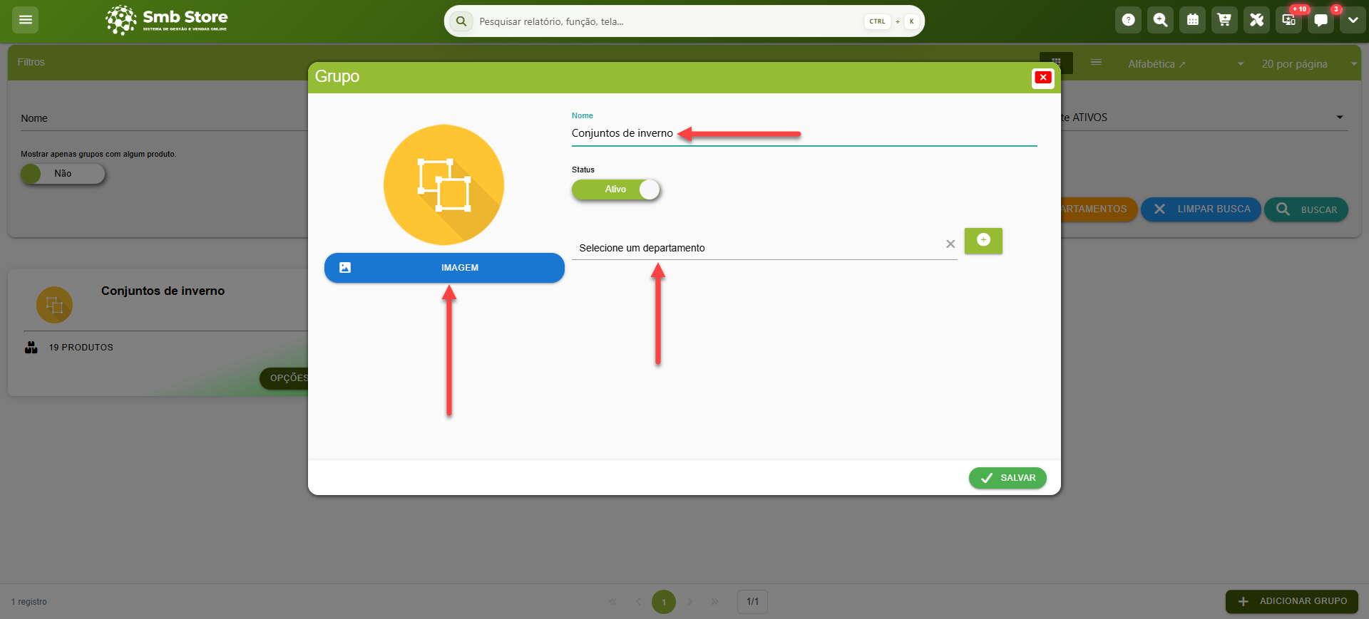 Tela do sistema SMB Store Online destacando os campos para personalização do cadastro de um Grupo, em Itens > Grupos.