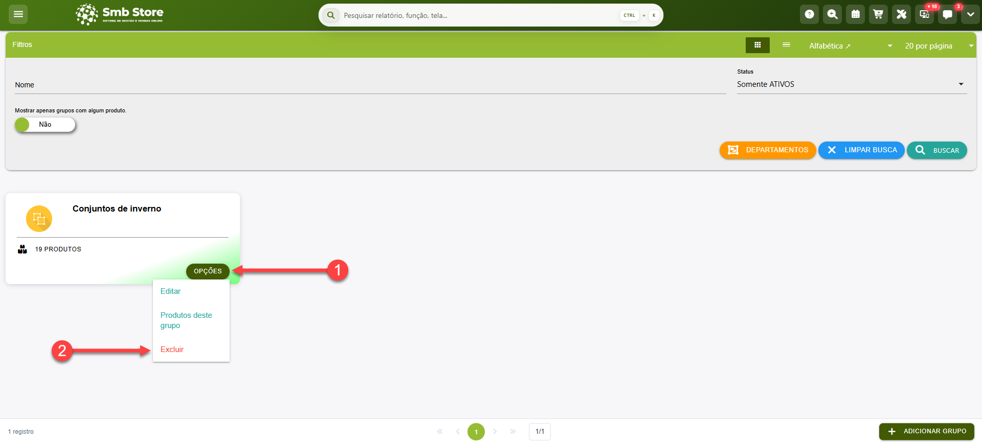 Tela do sistema SMB Store Online destacando o botão para excluir um grupo cadastrado, em Itens > Grupos.