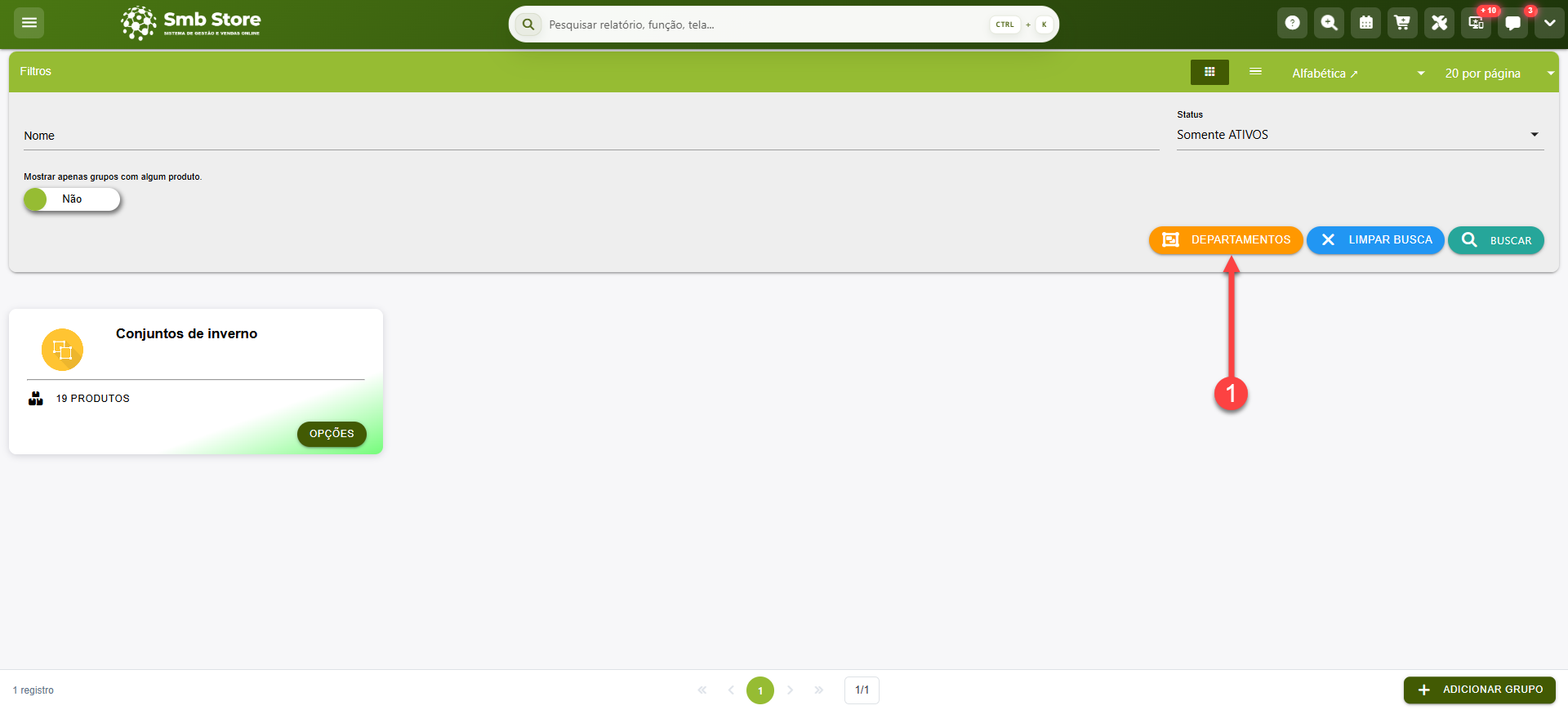 Tela do sistema SMB Store Online destacando o botão para acessar os departamentos cadastrados, em Itens > Grupos.