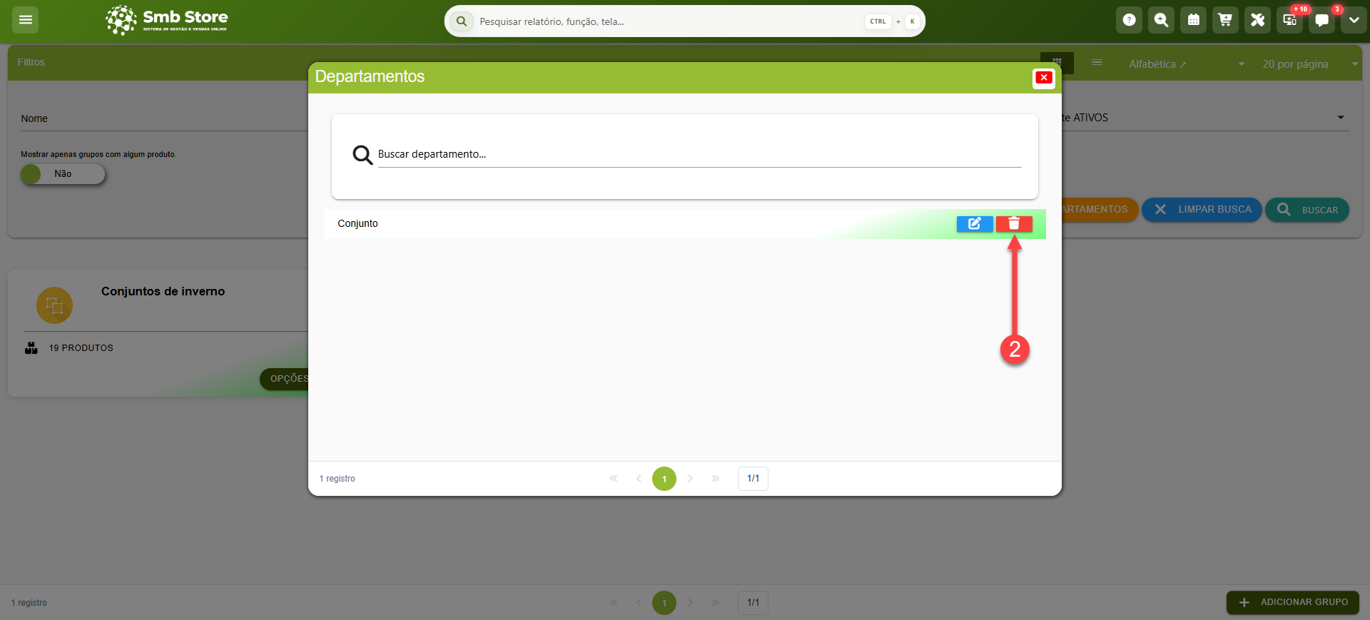 Tela do sistema SMB Store Online destacando o botão para excluir um departamento, em Itens > Grupos.