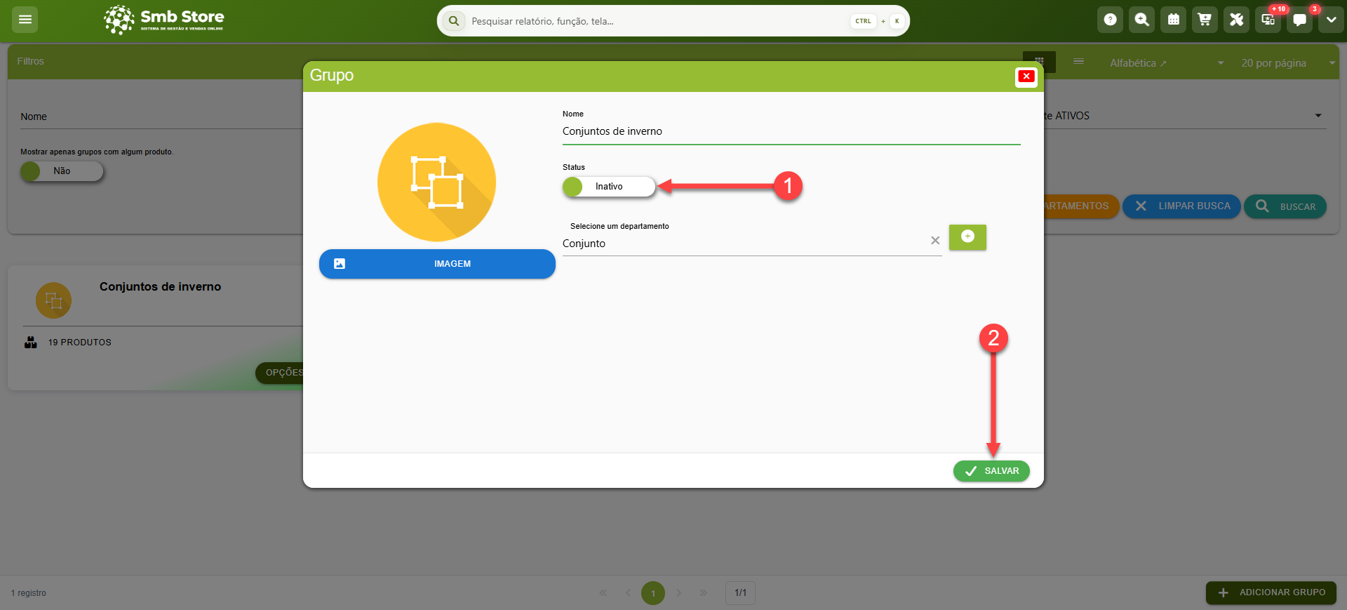 Tela do sistema SMB Store Online destacando o botão (switch) de status de um grupo para Inativar ou Ativar o grupo, em Itens > Grupos.