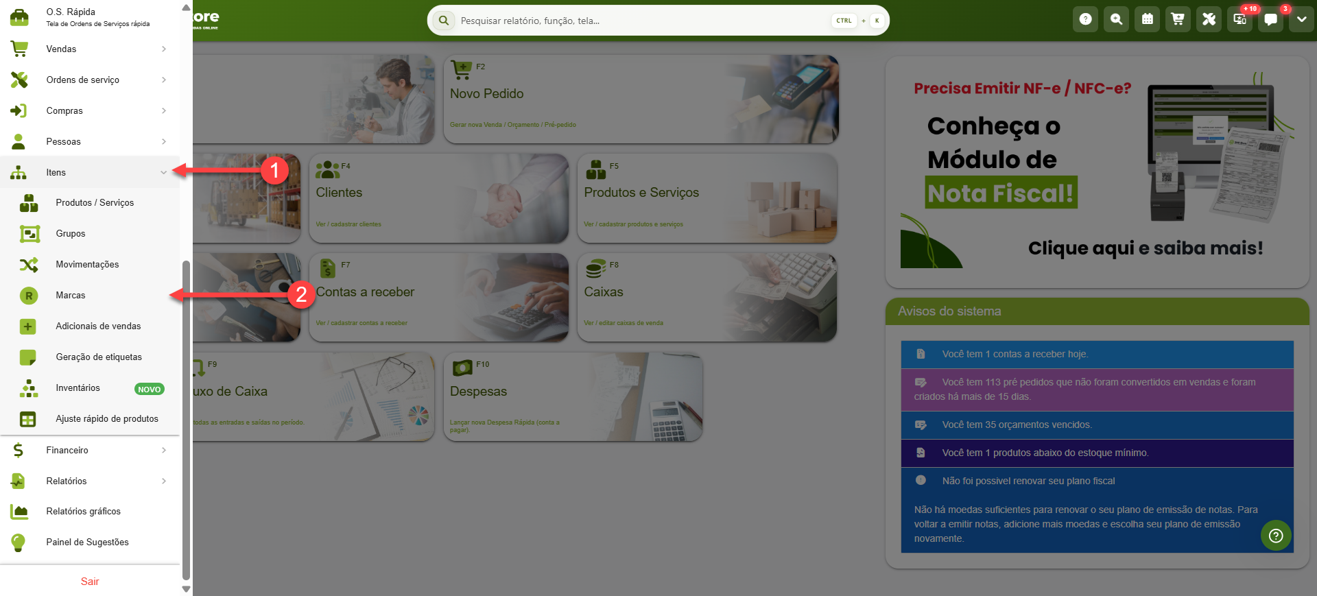 Tela inicial do sistema SMB Store destacando como acessar o cadastro de marcas pelo menu lateral em Itens > Marcas.
