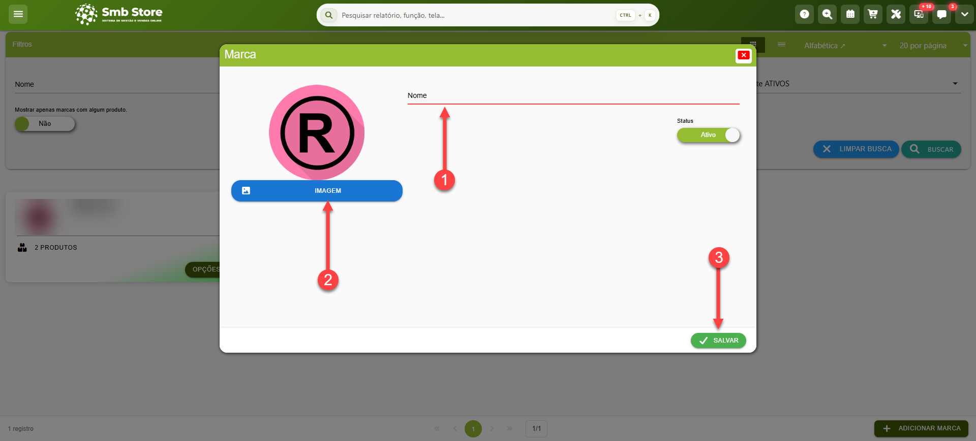 Tela do sistema SMB Store destacando a tela com os campos para o cadastro de uma nova marca, sendo possível inserir o nome e realizar o upload de uma imagem para o ícone da marca, em Itens > Marcas.