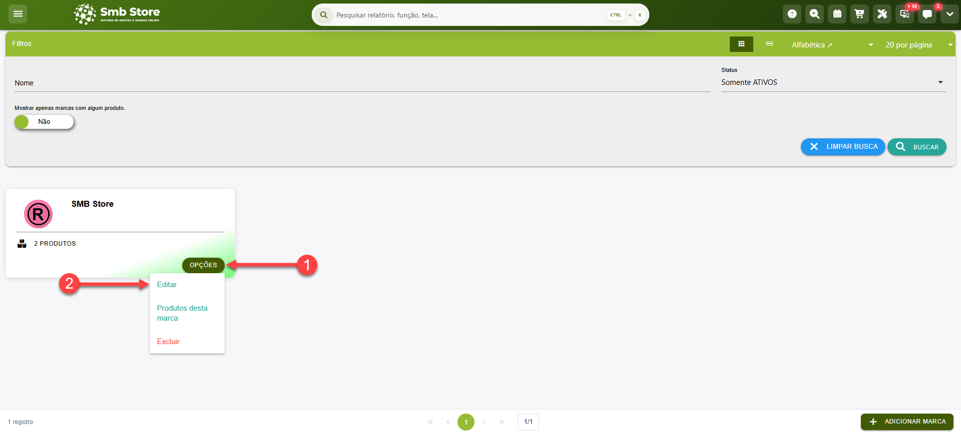 Tela do sistema SMB Store Online destacando como acessar a tela de edição do cadastro de uma Marca, em Itens > Marcas.
