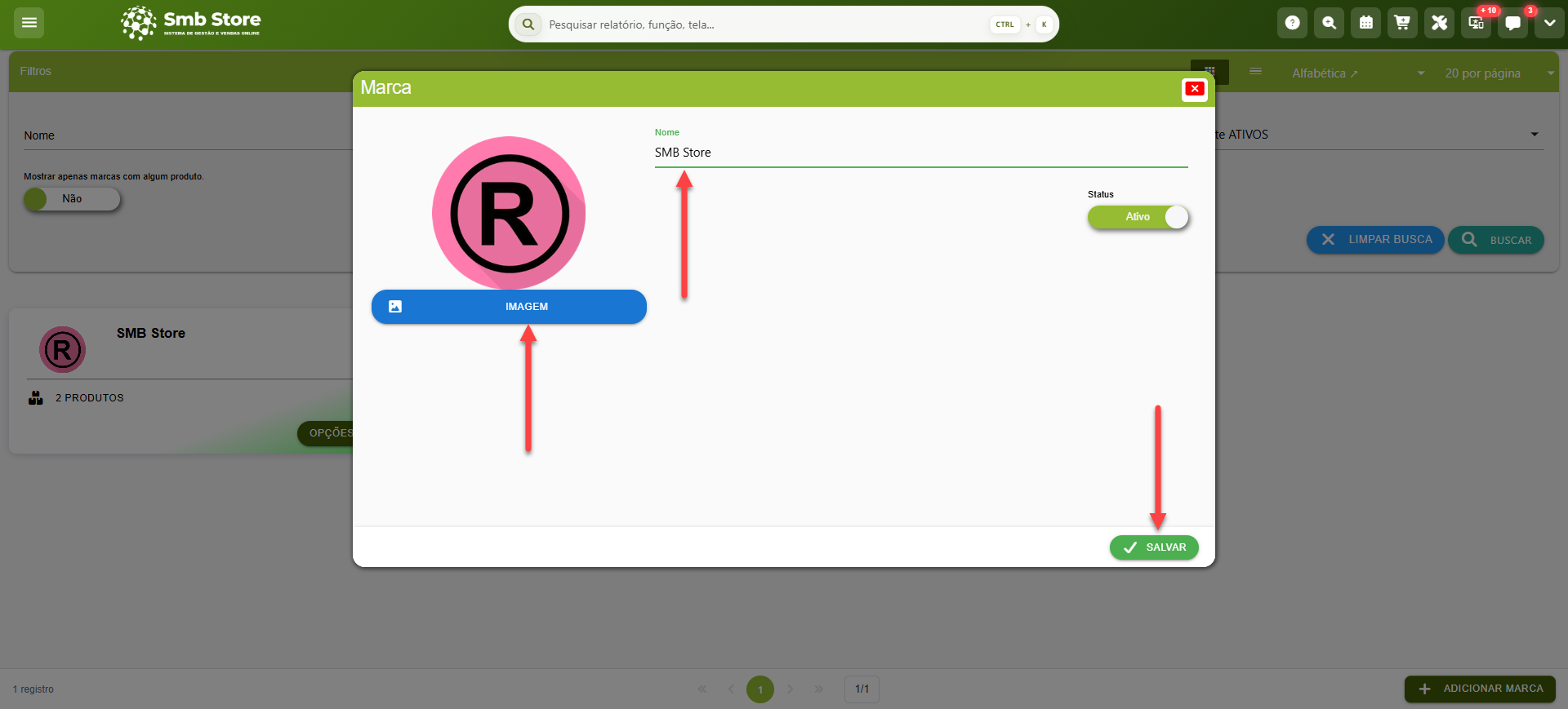 Tela do sistema SMB Store Online destacando os campos para personalização do cadastro de uma Marca, em Itens > Marcas.