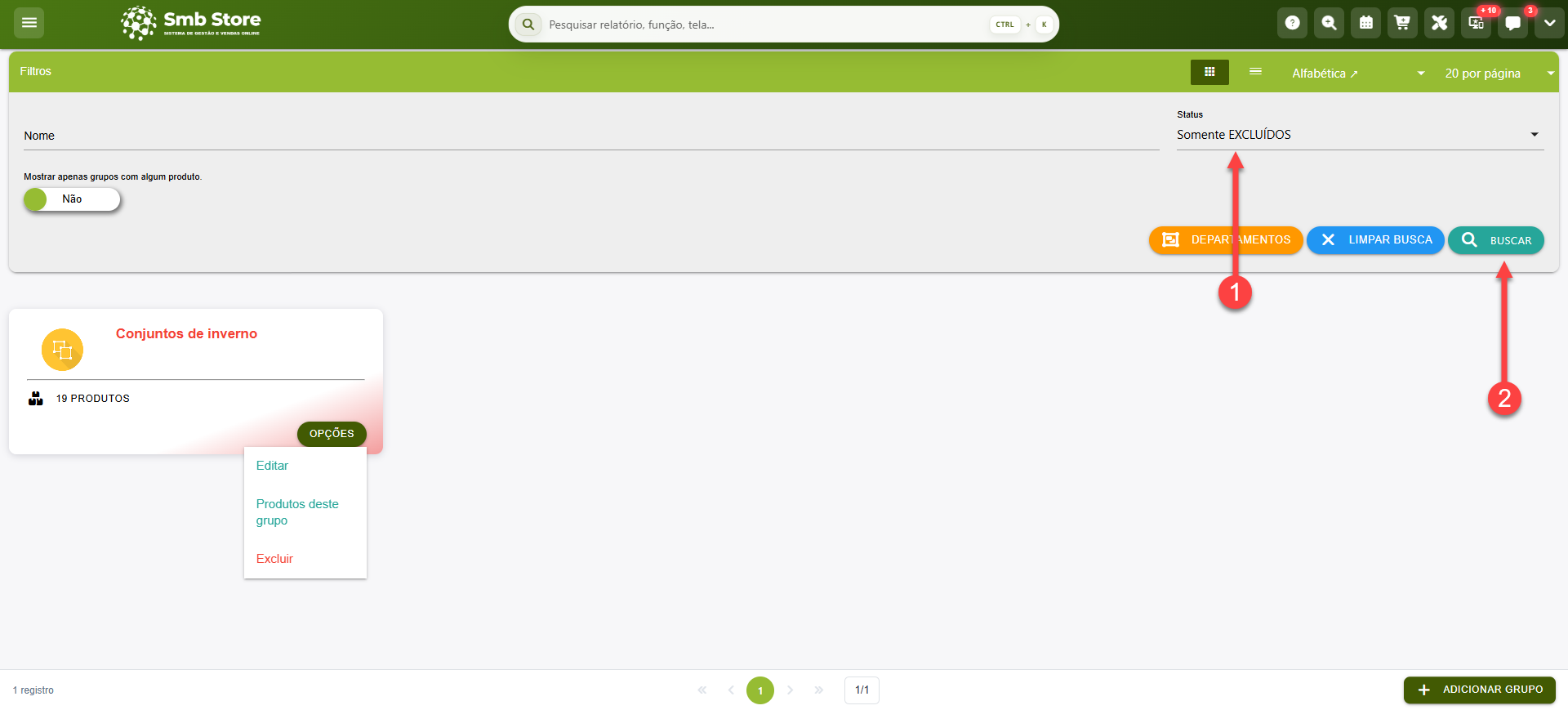 Tela do sistema SMB Store Online destacando como filtrar por Grupos inativos, em Itens > Grupos.