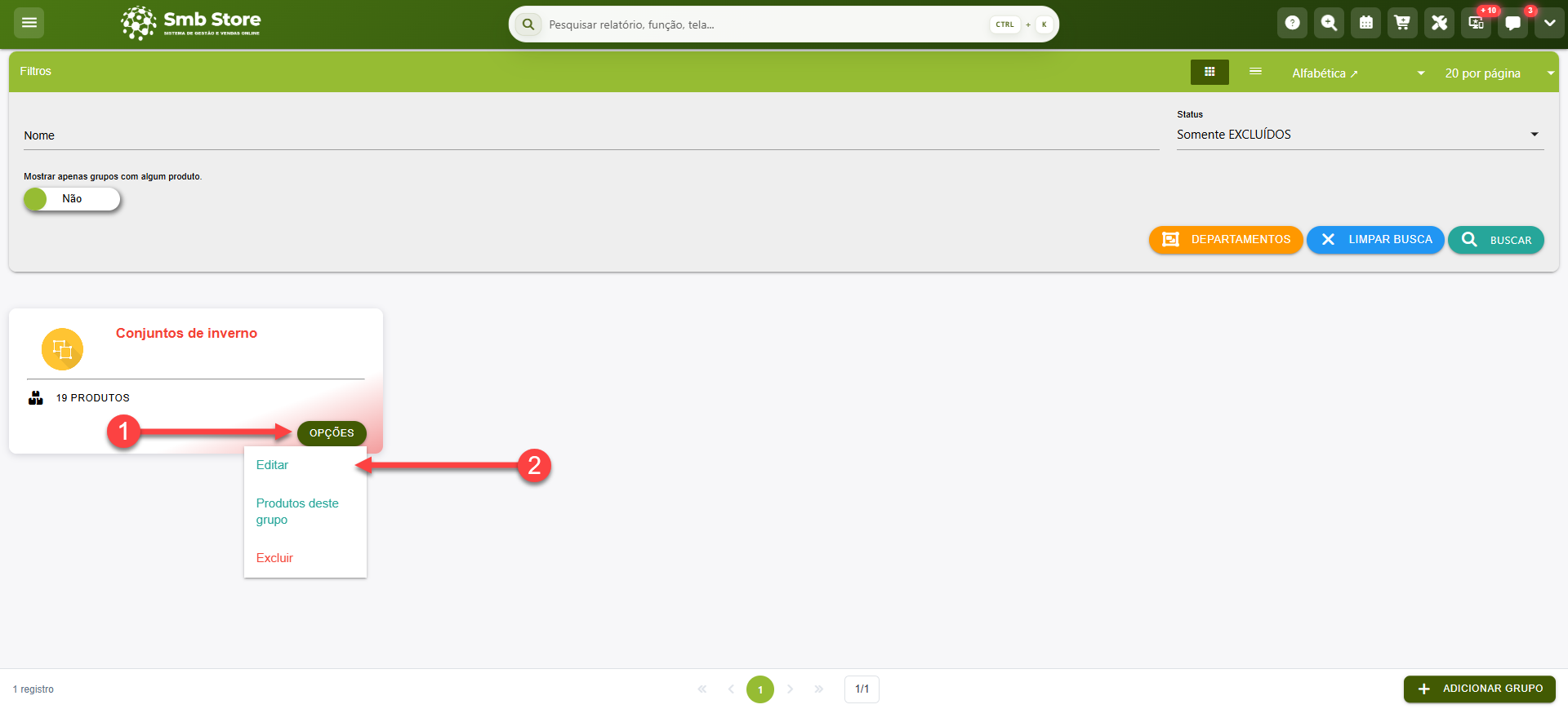 Tela do sistema SMB Store Online destacando como acessar a tela de edição do cadastro de um Grupo inativo, em Itens > Grupos.
