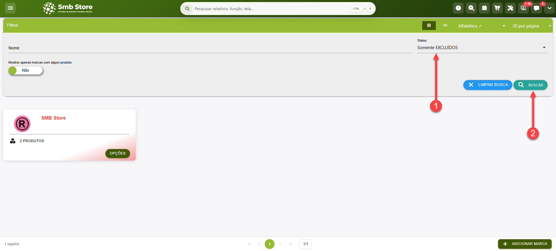 Tela do sistema SMB Store Online destacando como filtrar por Marcas inativas, em Itens > Marcas.