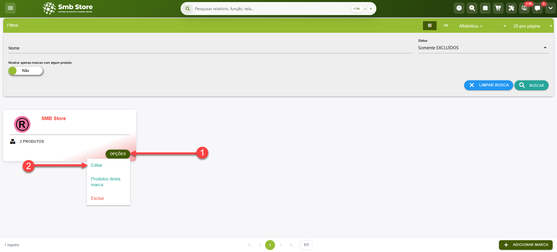 Tela do sistema SMB Store Online destacando como acessar a tela de edição do cadastro de uma Marca inativa, em Itens > Marcas.