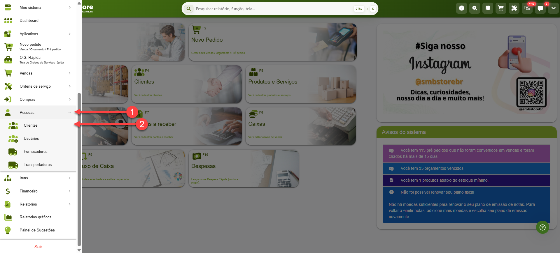 Tela inicial do sistema SMB Store destacando como acessar a tela de clientes cadastrados, em Pessoas > Clientes.